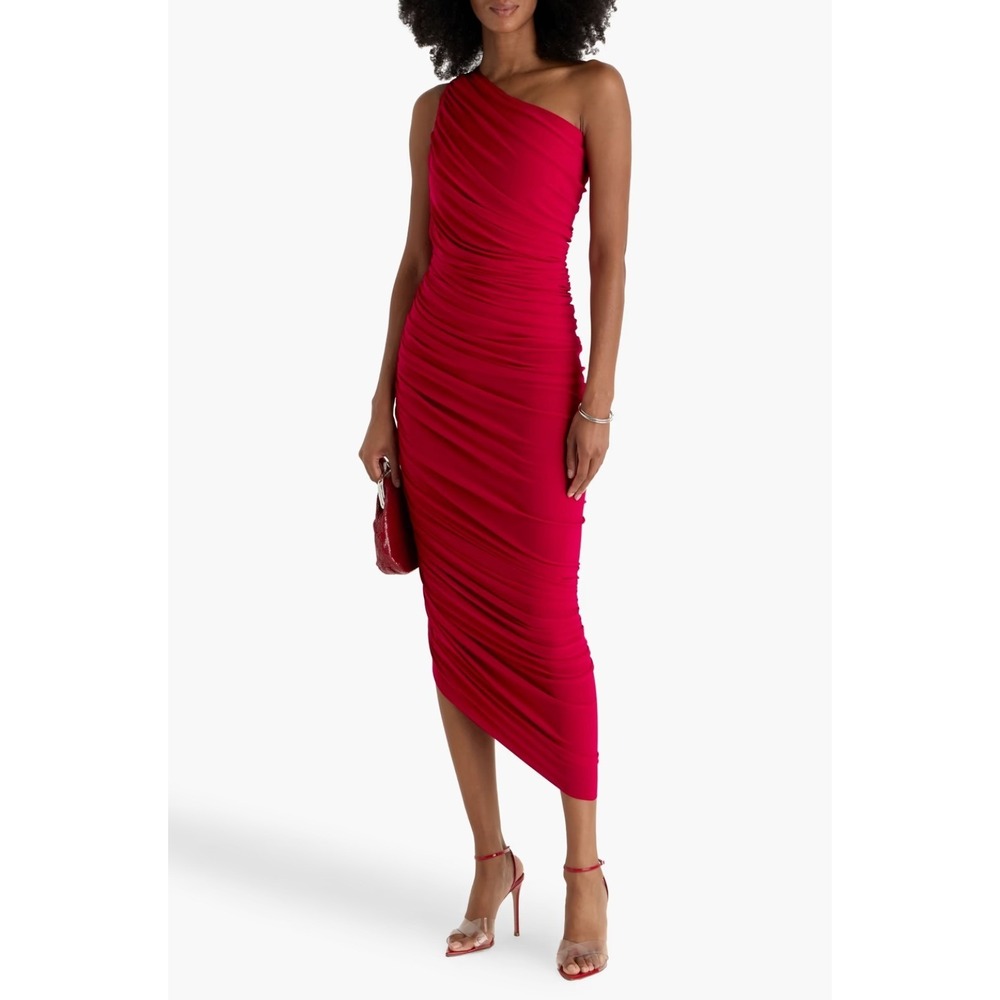 B63 Norma Kamali Diana One Shoulder Gown S Red Ruched Bodycon Formal Cocktail